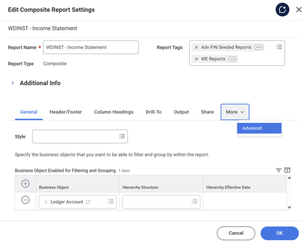 Screenshot of Edit Composite Report Settings highlighting the different option tabs as described in the previous table.