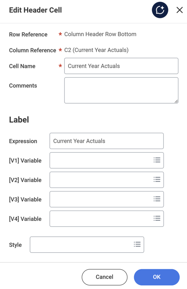 The Edit Header Cell window with options to define the cell name, add comments, label the expressions and variables. and choose a Style.