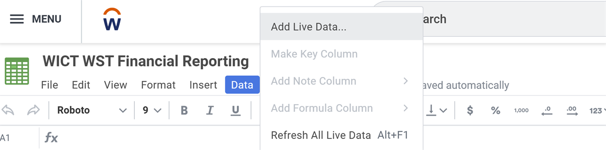 Select Add Live Data from the Data menu in a workbook.