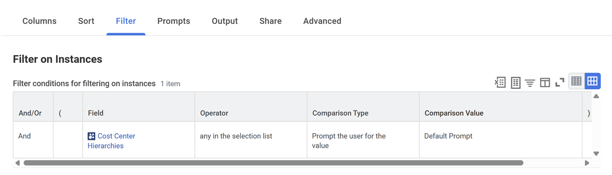 Screenshot showing the subreport filter as described in previous section.