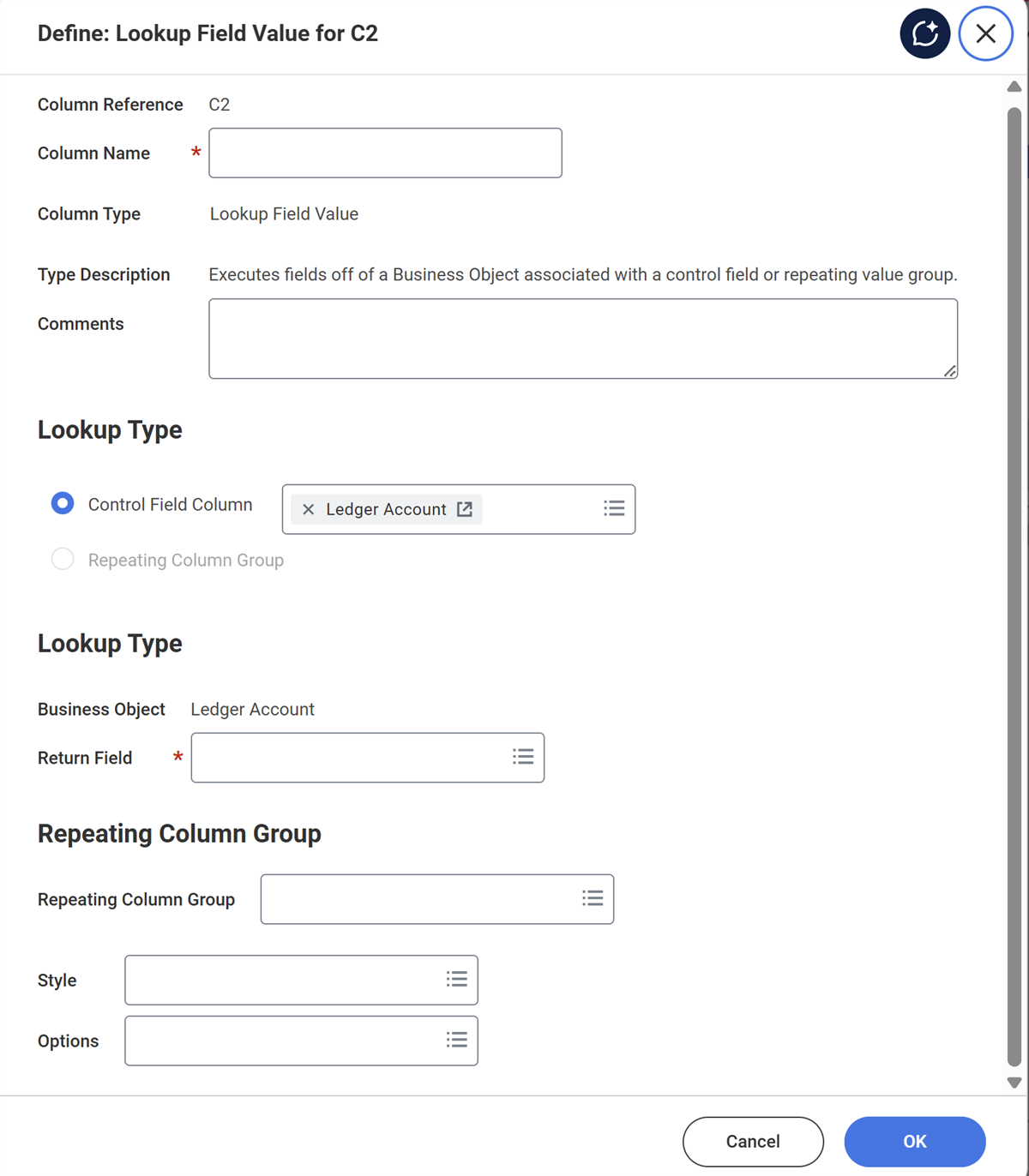 Column definition options for a Lookup Field Value column type as described in the preceding text.