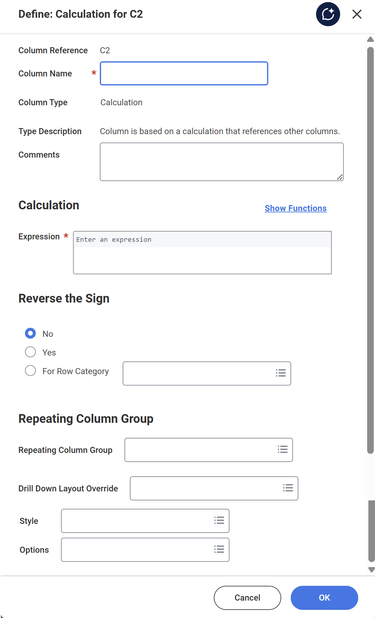 Column definition options for a Calculation column type as described in the preceding text.