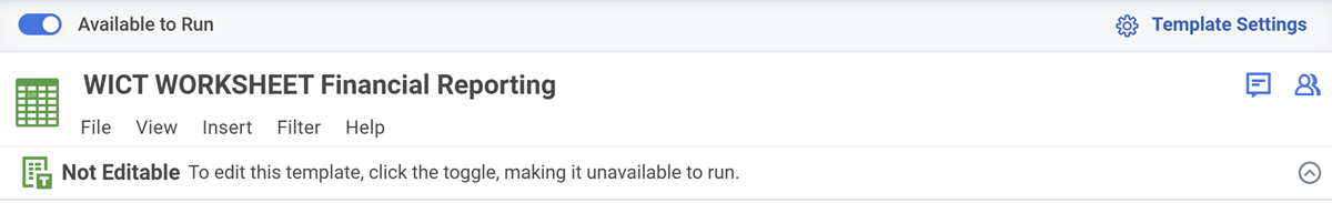 Workbook template with the Available to Run option enabled.