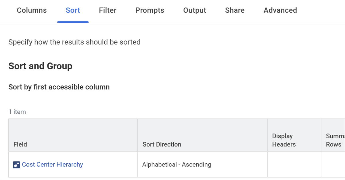 Screenshot showing the subreport sort as described in previous section.
