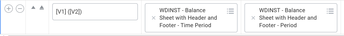 Screenshot of configuring a footer line using two variables that will produce the report name and report date time for the report output.