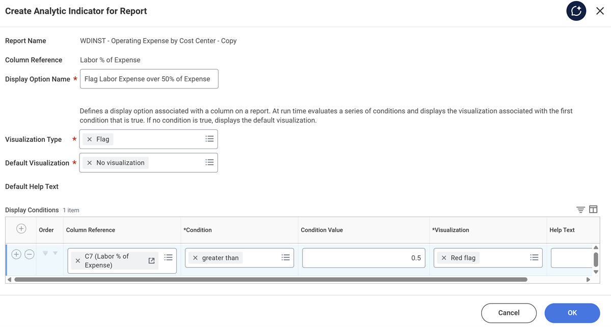 Screenshot of the Create Analytic Indicator for Report screen.