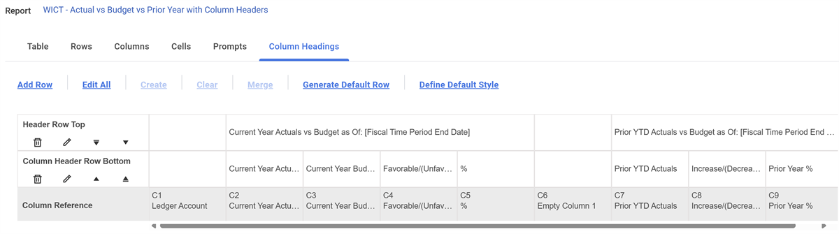 The Column Headings tab in a report. Options are described in the proceeding text.