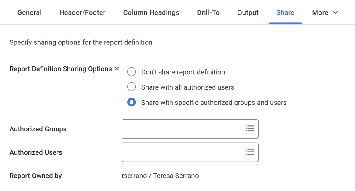 Screenshot showing the share options in a composite report as described in this section.