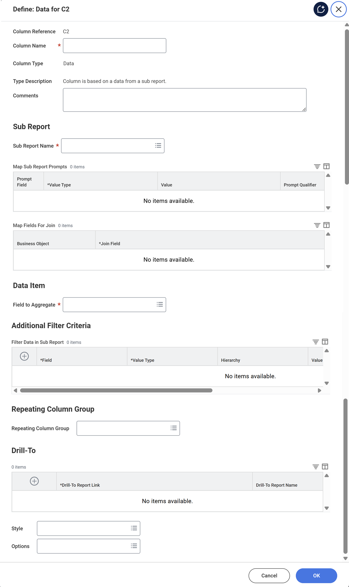 Column definition options for a Data column type as described in the preceding text.