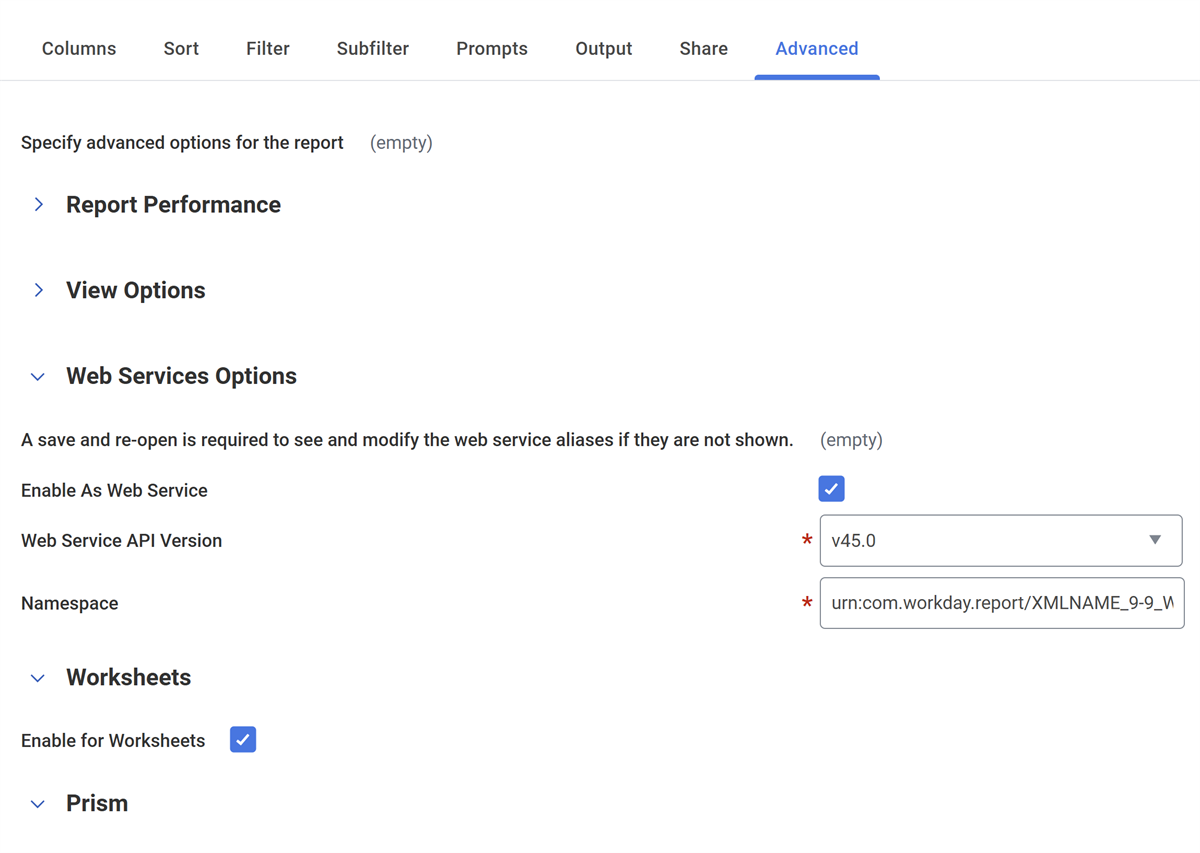Advanced tab of a report displaying Enable for Web Service and Enable for Worksheets options enabled.