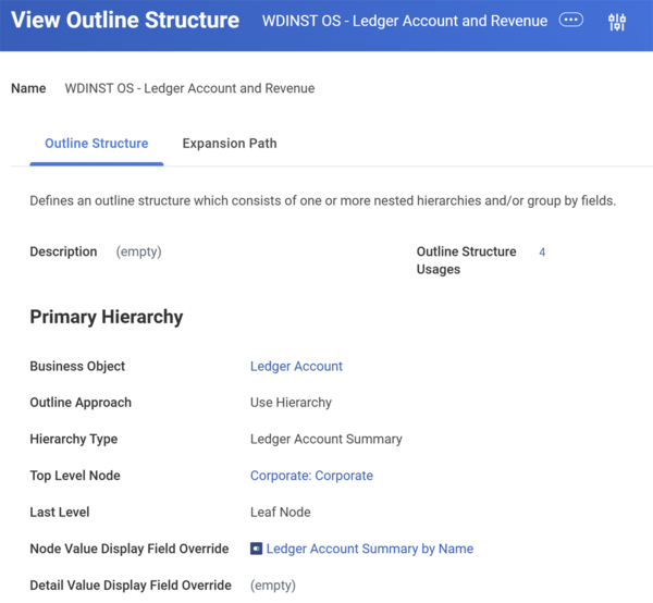 Screenshot showing the outline structure for ledger account.