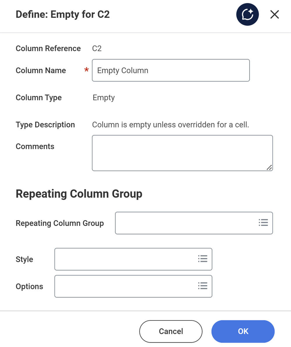 Column configuration for the Empty column type, as described in the preceding text.