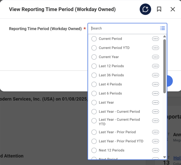 Screenshot showing Reporting Time Period options in the View Reporting Time Period (Workday Owned) report.