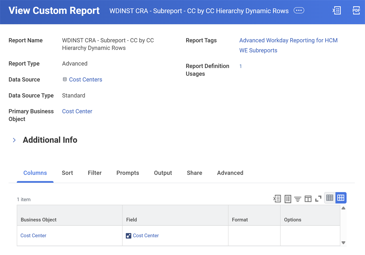 Screenshot showing the subreport columns as described in the previous section.