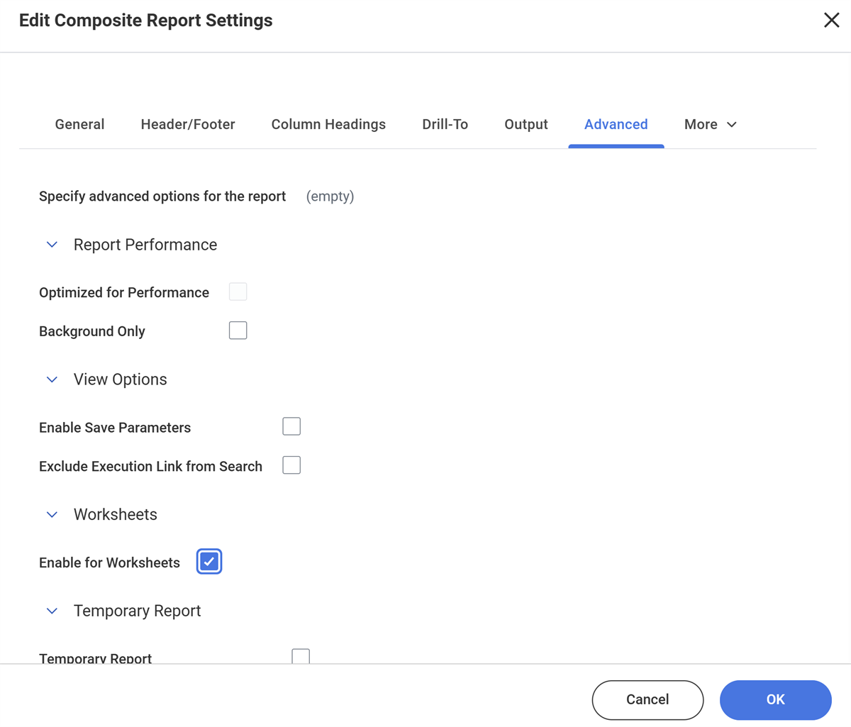 The Enable for Worksheets checkbox in a composite report's Settings.