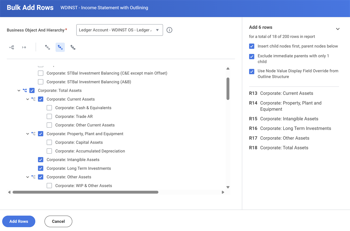 Children nodes highlighted in a side panel of the Bulk Add Rows task.