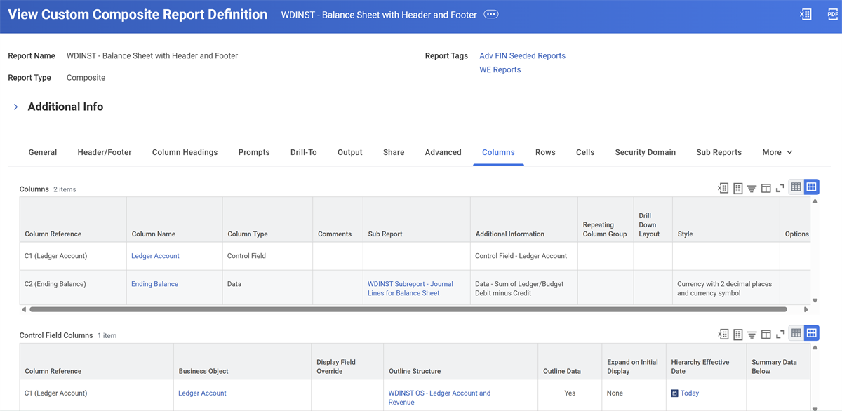 The Columns tab in the View Custom Composition Report Definition task as described in the preceding text.