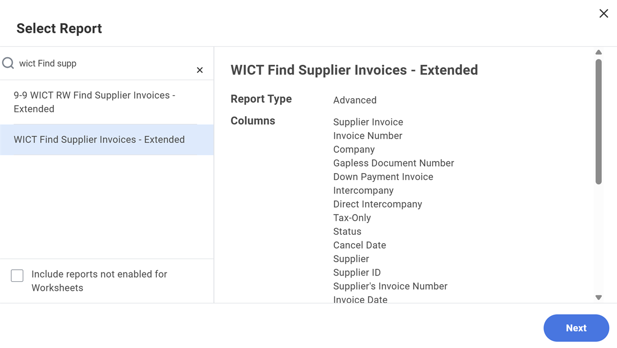 Screenshot showing the search function when selecting a report to add live data.