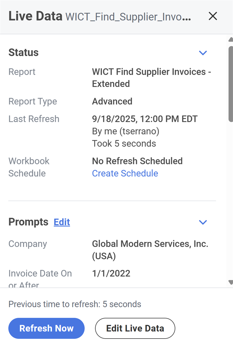Live Data Details panel in a workbook with the Refresh Now button highlighted.