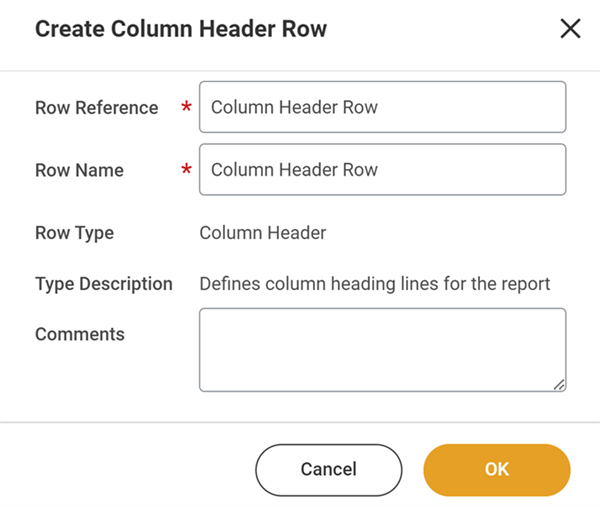 Screenshot showing the configuration for creating a column header row as described in this section.