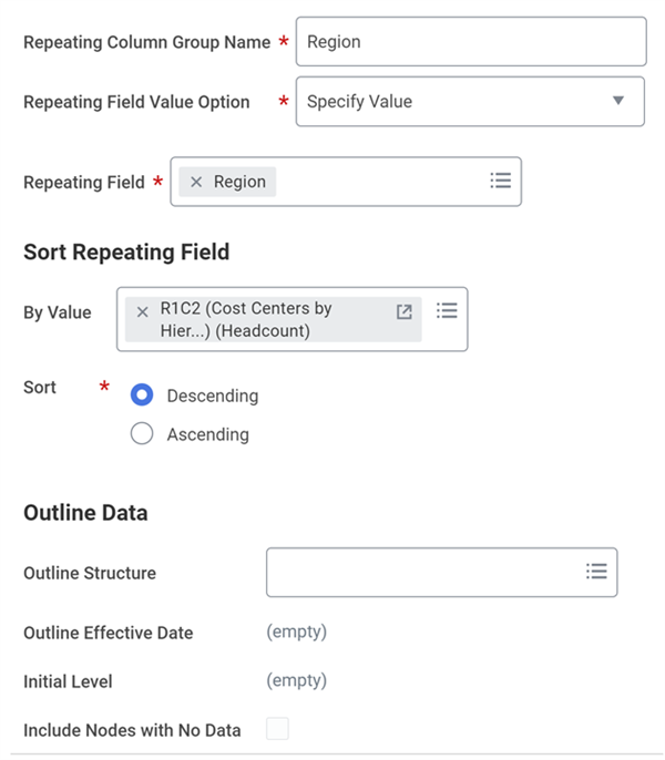 Screenshot that shows the fields to fill out to add a repeating column group to a composite report.