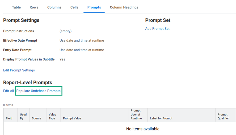 A screenshot of the Prompts tab within a composite report with the Populate Undefined Prompt Defaults option highlighted.