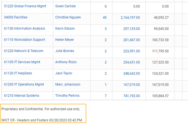Screenshot that highlights a custom footer on a composite report output.