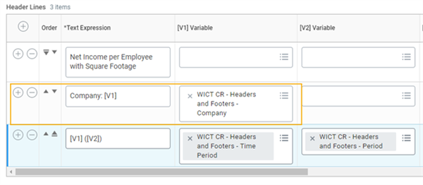 Screenshot of a header line configuration showing a combination of text and variable input in the text expression field.