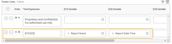 Screenshot of configuring a footer line using two variables that will produce the report name and report date time for the report output.