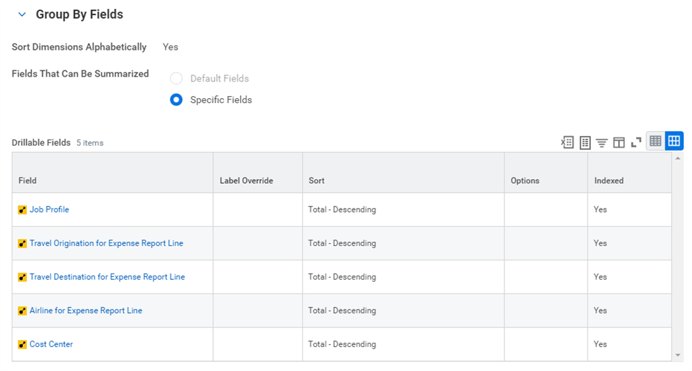 Drillable Fields configuration from the Drill Down tab in the report definition.