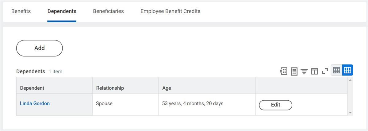 A screenshot of the Dependents tab of the Worker Profile.