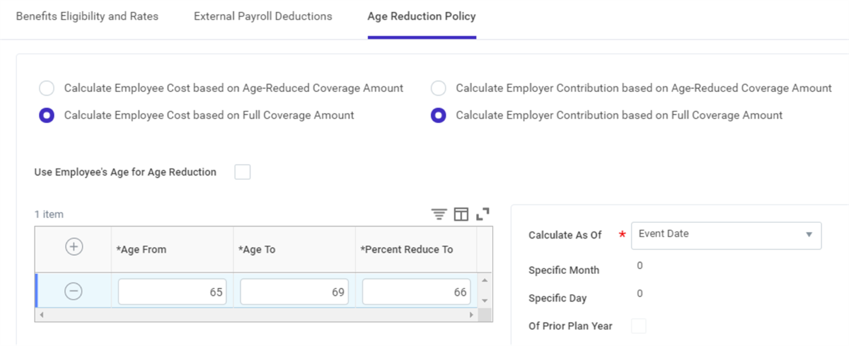Screenshot of the Age Reduction Policy tab on the Insurance Plan, as described in the subsequent text.