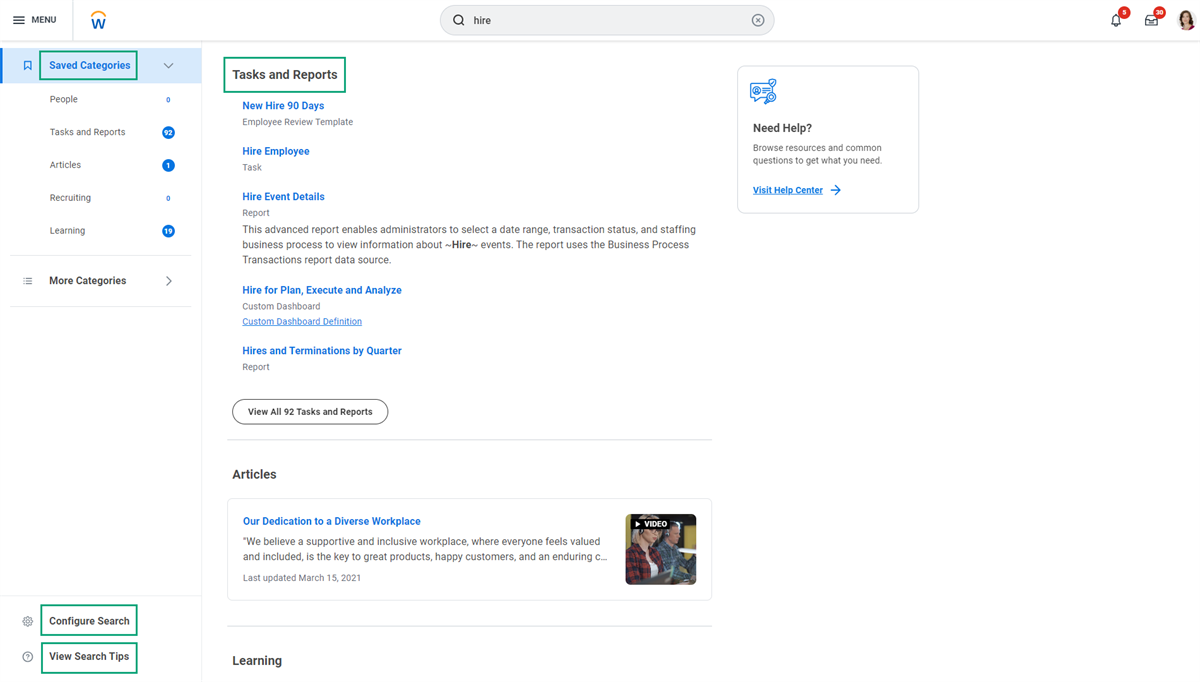 Screenshot of Workday displaying search results for "hire" under the Tasks and Reports header. The image also shows the Saved Categories header and the Configure Search and view Search Tips options.