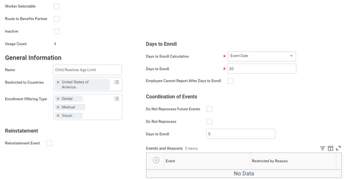 This image shows the configuration screen for a Workday Benefit Event Rule named "Child Reaches Age Limit", restricted to the United States and applying specifically to Dental, Medical, and Vision offerings.