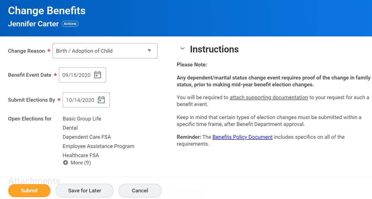 A screenshot of the Change Benefits task for employee Jennifer Carter, with change reason of Birth/Adoption of Child.