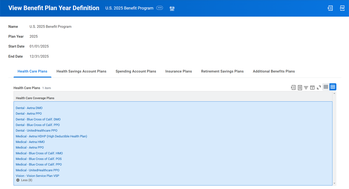 Screenshot of the View Benefit Plan Year Definition report displaying the Health Care Plans tab as described in the preceding text.