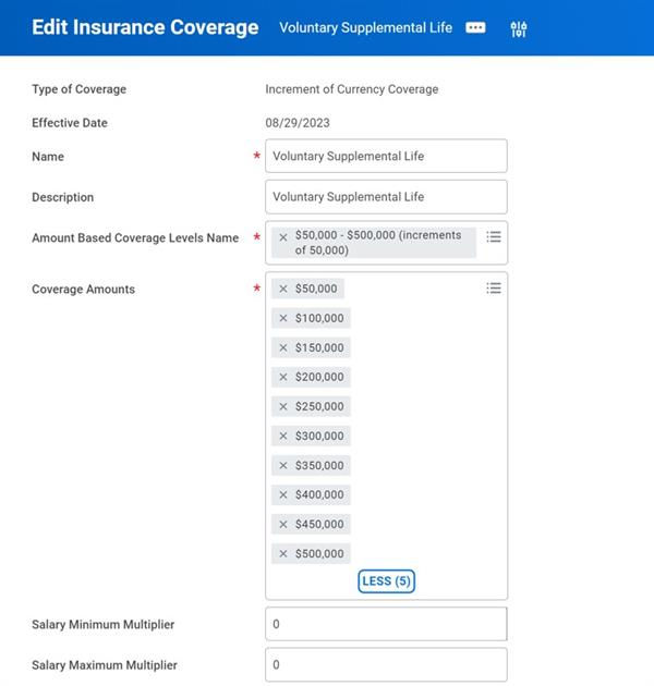 A screenshot of the Edit Insurance Coverage screen for for Voluntary Supplemental Life insurance shows specific incremental coverage levels ranging from $50,000 to $500,000 with an effective date of 08/29/2023.