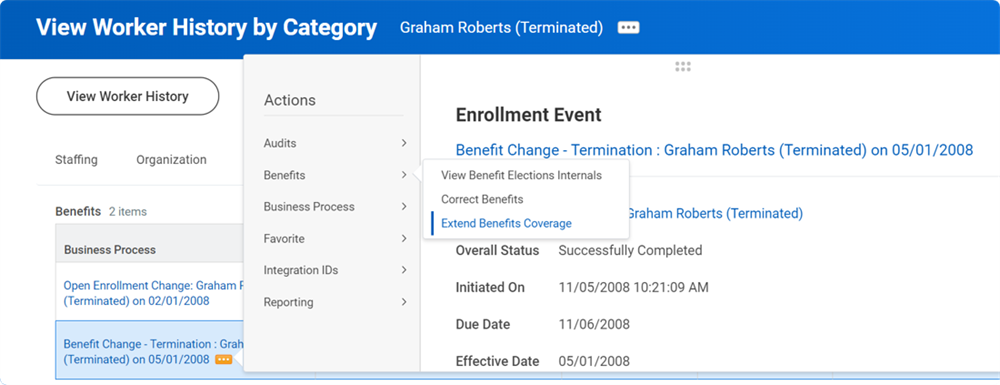 A screenshot of the Extend Benefits Coverage Related Action from a worker's benefit event.