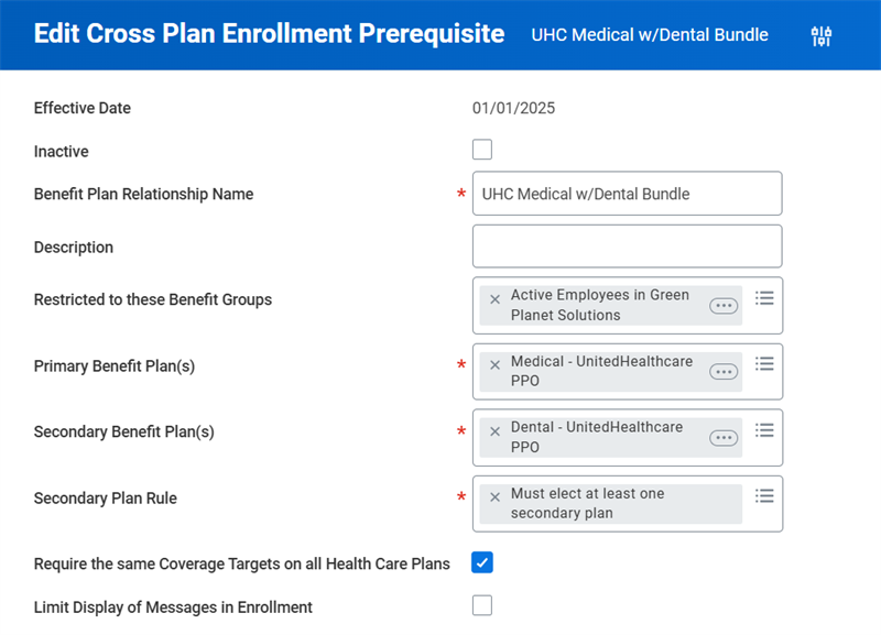 A screenshot of the Edit Cross Plan Enrollment prerequisite screen, as described in the preceding text.