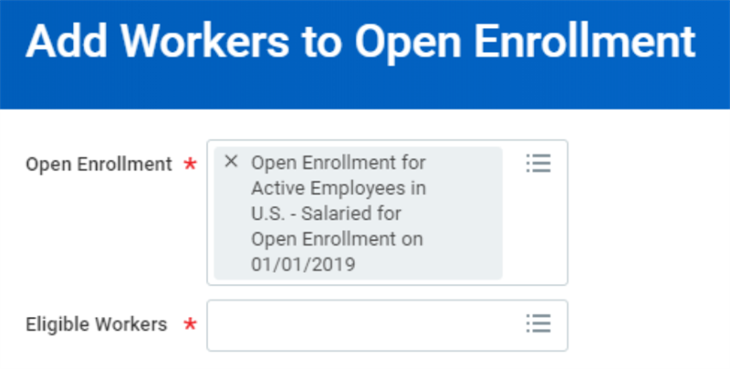 A screenshot of the Add Workers task with an open enrollment event selected.