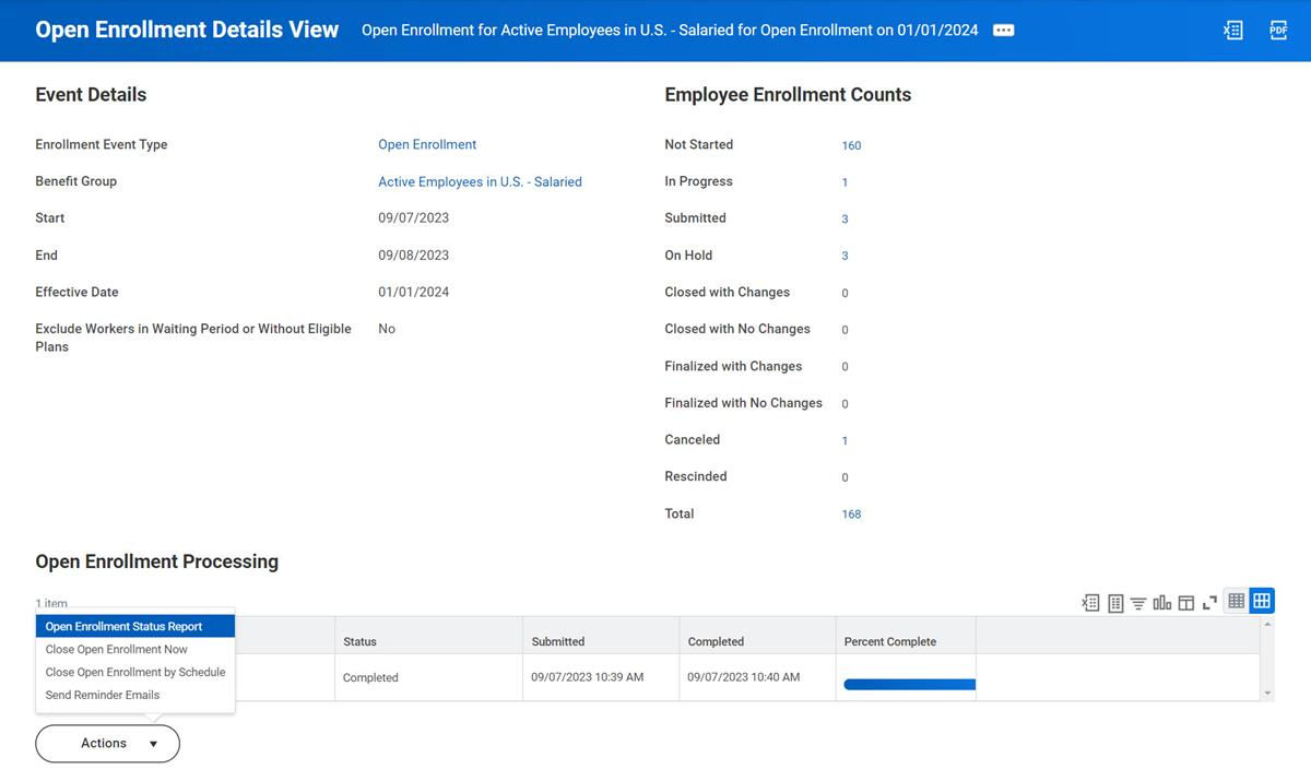 A screenshot of the Open Enrollment Details View report, as described in the preceding text.