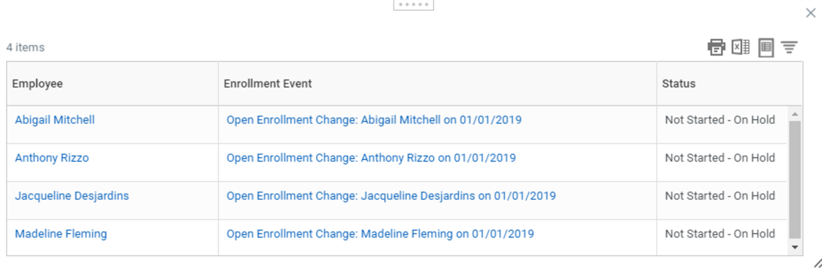 A screenshot of the Open Enrollment Status Report, as described in the preceding text.  The Status Column for the events reads, "Not Started - On Hold."