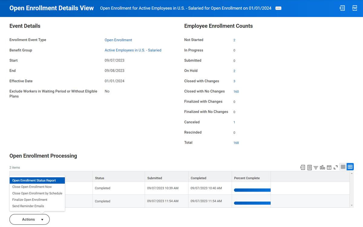 A screenshot of the Open Enrollment Details View, as described in the preceding text.