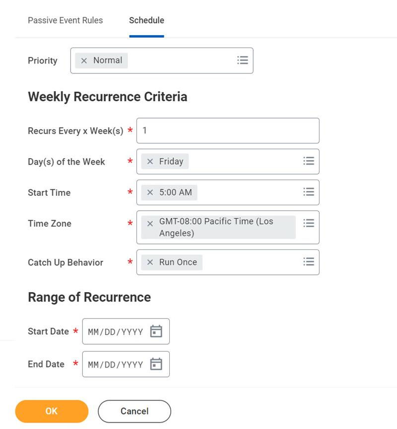 A screenshot of schedule options available when scheduling a passive event.