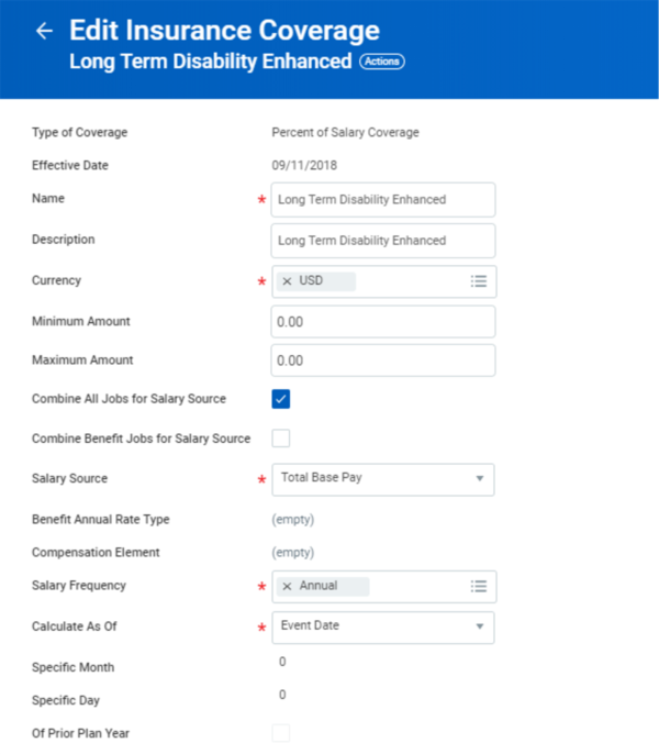 Screenshot of the Edit Insurance Coverage screen for Long Term Disability Enhanced, displaying the various options described in the subsequent text.