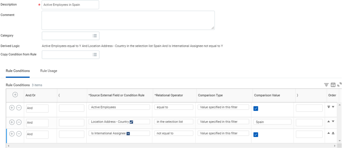 Screenshot of a benefit eligibility rule titled Active Employees in Spain. A three-row table outlines the specific filter logic, requiring active status, a Spanish location country, and exclusion of international assignees.