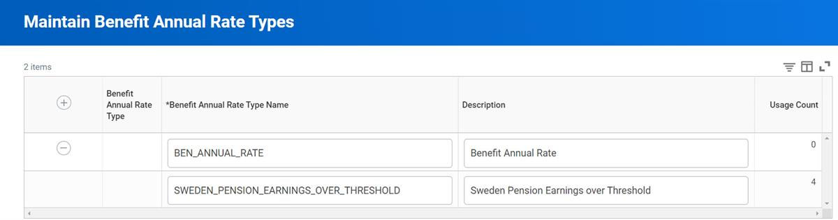 Screenshot of the Maintain Benefit Annual rate Types screen, displaying Benefit Annual Rate Type Name and Description.