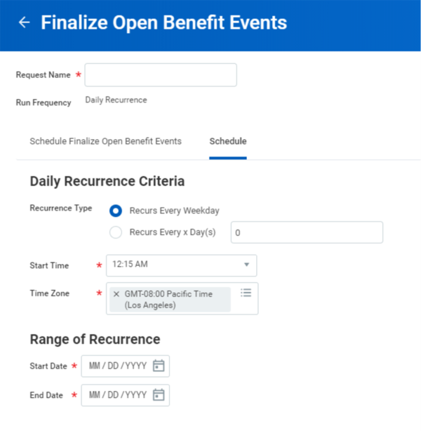 A screenshot of the Finalize Open Benefits Event Now report, as described in the preceding text.