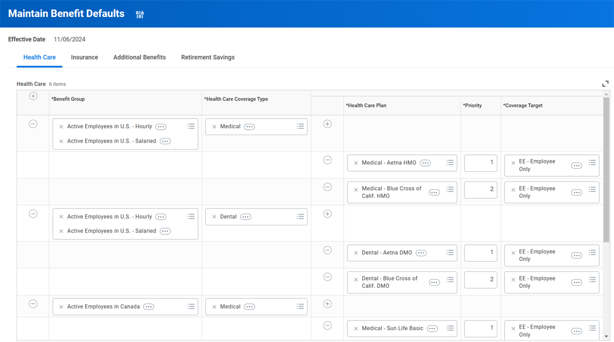 A screenshot of the Maintain Benefit Defaults screen with the Health Care tab displayed, showing fields including Benefit Group, Health Care Coverage Type, Health Care Plan, Priority, and Coverage Target.