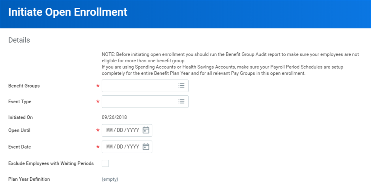 A screenshot of the Initiate Open Enrollment screen, with fields such as Benefit Groups, Event Type, Open Until and Event Date.